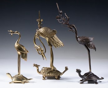 (3) JAPANESE CRANE ON TURTLE FIGURES