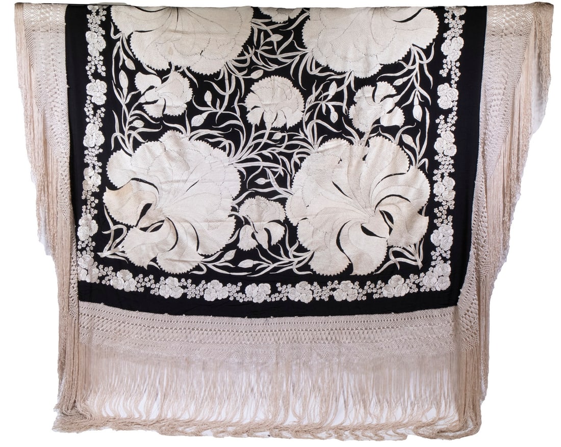 JAPANESE SILK FLORAL SHAWL WITH LONG FRINGE, CA 1950: White on Black Chrysanthemum with floral border and 18" knotted fringe, 64" square body