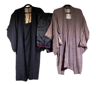 (2) JAPANESE MEN'S SHORT KIMONO & BLACK TROUSERS, CA 1950