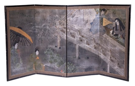 JAPANESE MEIJI PERIOD SMALL FOUR-FOLD BYOBU NARRATIVE FOLDING SCREEN, SIGNED