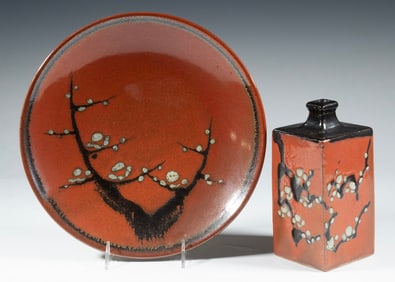 (2 PCS) JAPANESE MASHIKO POTTERY WITH KAKI GLAZE