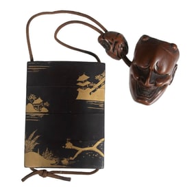 19TH C. JAPANESE INRO WITH NETSUKE & OJIME