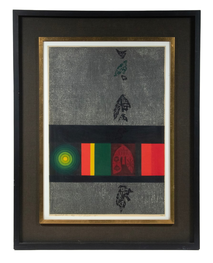 KUNIHIRO AMANO (JAPAN, 1929 - ): "Fossil 13", color woodblock, pencil signed and titled, 1966, numbered 4/60, marked 1170, in Japanese black lacquer and linen panel frame with gold liner, under non-glare glass, OS: 30 1/2" x 24", ima