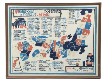 FRAMED JAPANESE POTTERY MAP BY SERIZAWA KEISUKE (1895-1984)