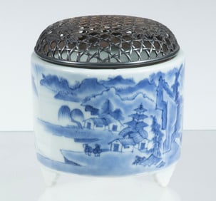JAPANESE PORCELAIN INCENSE BURNER WITH SILVER TOP