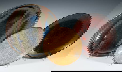 (3) JAPANESE ART POTTERY PLATES: Including: Plate with tenmoku oil spot glaze, unmarked, 9 1/4" diam.; Plate with dry iron glaze and splashed multicolor ash glaze decoration, unmarked, 11" diam.; and Small plate with textured yellowi