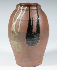 JAPANESE MASHIKO POTTERY VASE WITH TENMOKU AND NUKA GLAZE