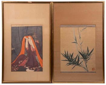 JAPANESE SCROLL PAINTING & UKIYO-E PRINT, FRAMED