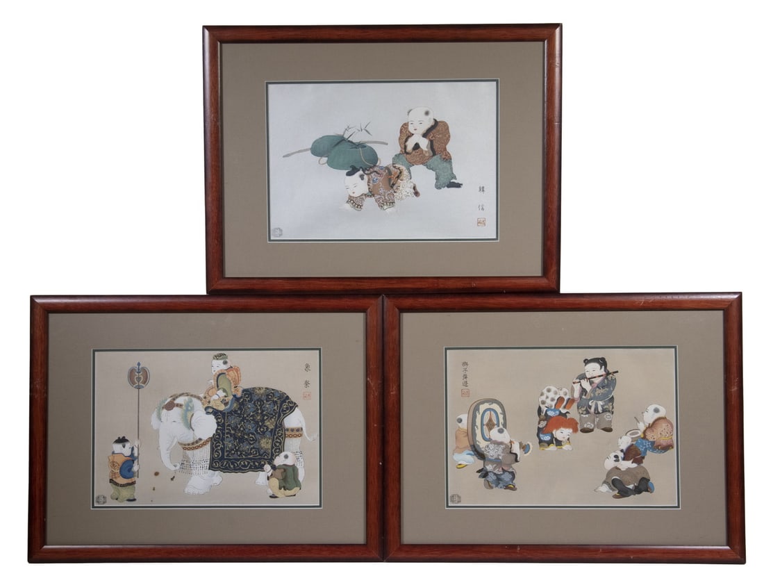 (3) JAPANESE PRINTS OF CHINESE SUBJECT MATTER: Groups of Chinese Children Playing, some with musical instruments, some doing acrobatics, one group with a richly appointed white elephant. Artist's signature and seal unknown, in matching ombred teak