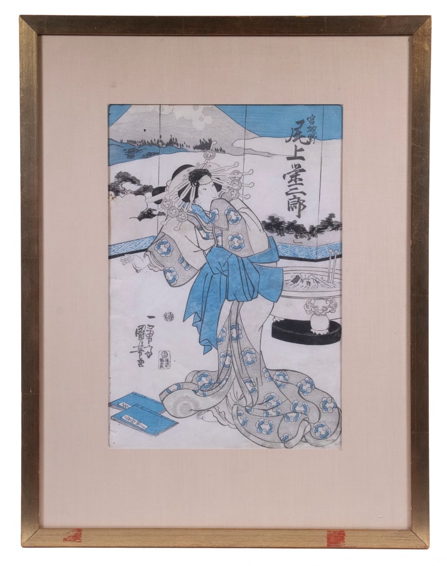 ICHIYUSAI KUNIYOSHI (JAPAN, 1797-1861): Kabuki Actor, circa 1860, in gilt wood box frame, silk mat, glazed, OS: 21 3/4" x 16 3.4", SS: 14" x 9 1/2", faded.