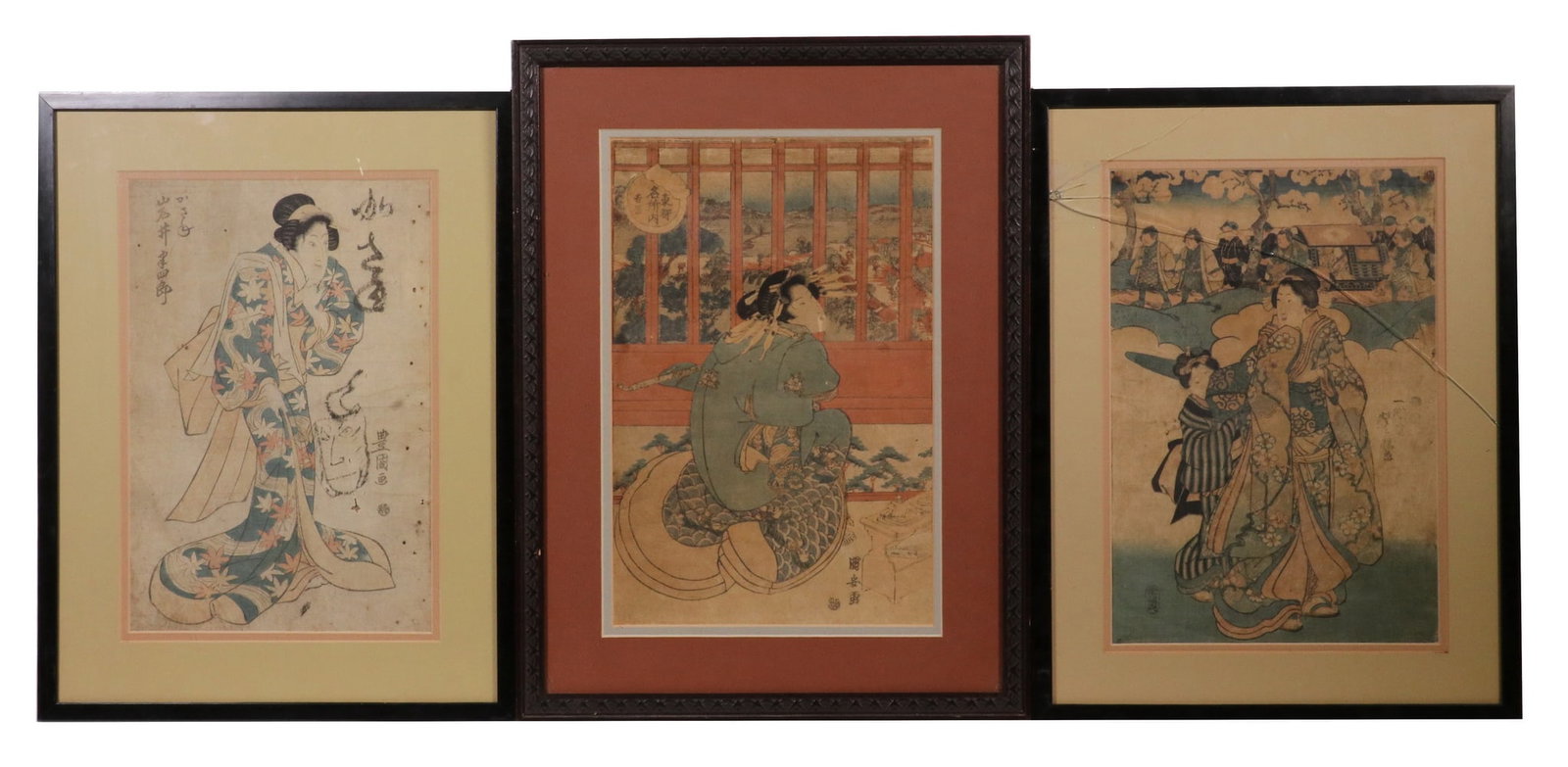 (3) EARLY 19TH C. JAPANESE WOODBLOCK PRINTS: (2) Bijin-ga Beauties and a Kabuki Actor in a woman's costume by Kunisada (Toyokuni III) (1786 -1864), the Bijin depicted overlooking a town from an interior and picking up a child at school (?), in v