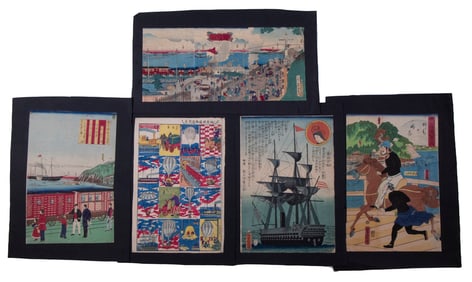 (5) JAPANESE PRINTS OF WESTERNER, TRAINS, SHIP; UNFRAMED