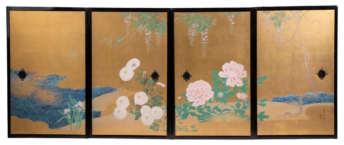 (2 PAIR) JAPANESE PAINTED SILK CABINET DOORS
