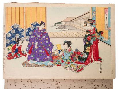 UTAGAWA KUNISADA / TOYOKUNI III (JAPAN, 1786-1865): A Book of (6) oban prints of Bijin-ga and Domestic Scenes, late 19th c., in the original binding with paper label, gold fleck, double-sided accordion, 9 1/2" x 14", front board off but present, one se