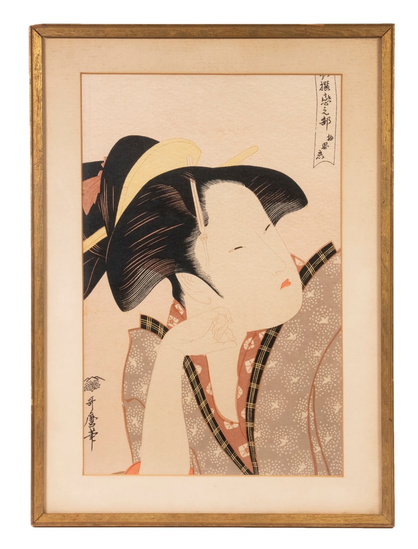 UTAMARO KITAGAWA (JAPAN, 1753-1806): Portrait of a Bijin, printed on silk, in gilt stick frame, matted and glazed, OS: 17 1/2" x 12 1/2", SS: 14" x 19", toned.
