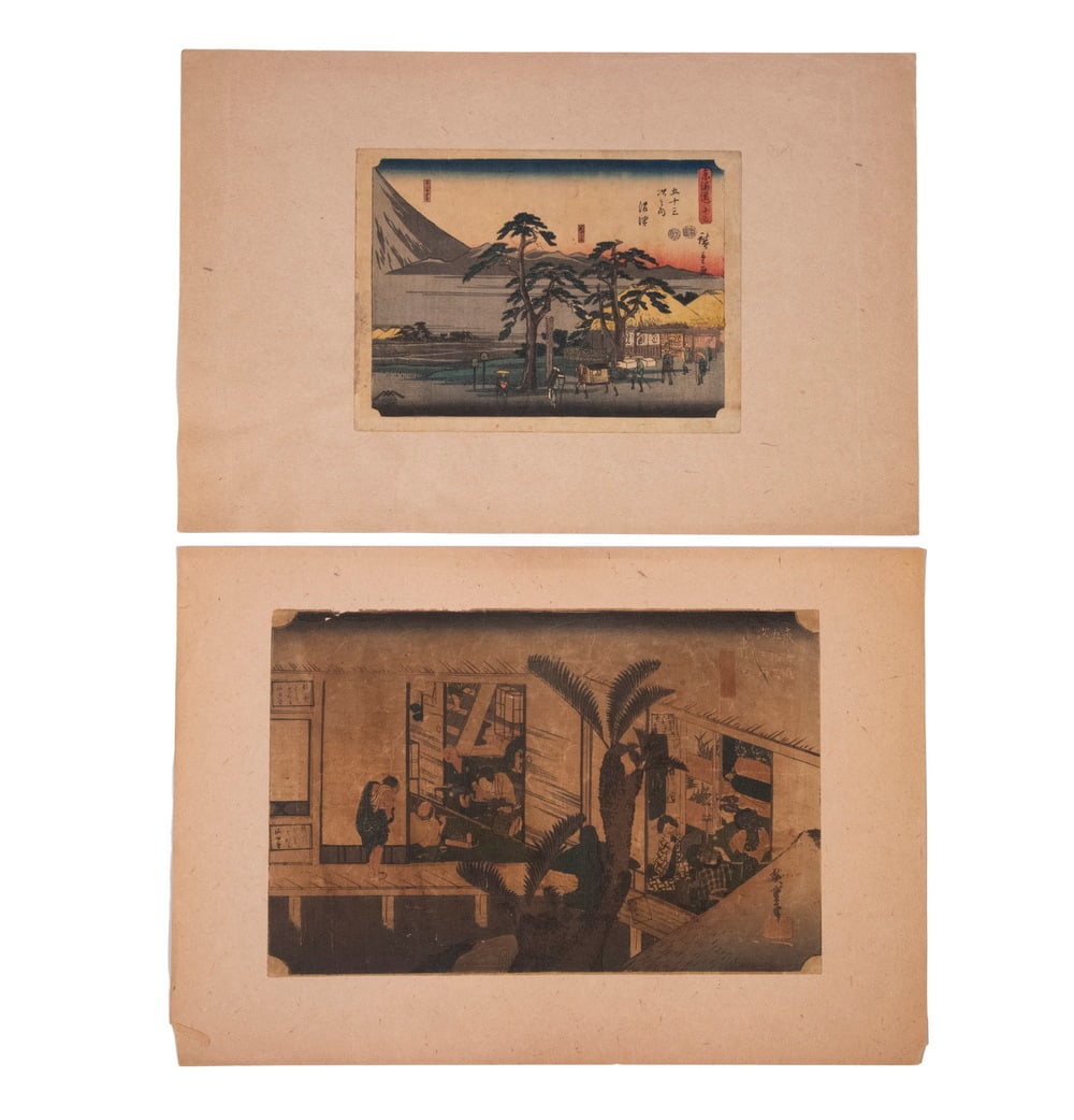UTAGAWA HIROSHIGE (JAPAN, 1797-1858) UNFRAMED: (2) Ukiyo-e Chuban, "Road to Kyoto" 7 1/4" x 10" (18.42 cm x 25.40 cm) & Oban Domestic Interior, 9" x 13 1/2" (22.86 cm x 34.29 cm) (trimmed), tipped to mounts, soiled.