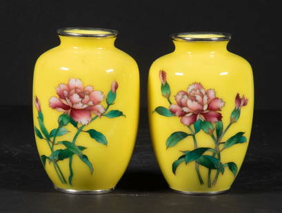 PR JAPANESE CLOISONNE VASES: Pair of Vintage Japanese Silver Mounted Cloisonne Vases, each decorated with roses, 5" high, 3 1/4" diam. Good condition.
