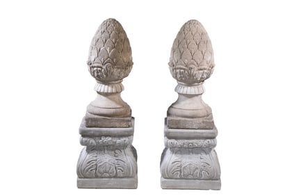 PR CAST STONE ARTICHOKE GARDEN SCULPTURES ON PLINTHS