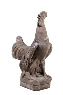 CEMENT ROOSTER GARDEN FIGURE: Vintage Cast Stone Garden Statue, depicting a standing rooster.From the private collection of Sally Jessy RaphaelConverted dimensions: 29 x 17 1/2 x 10 in. (73.7 x 44.5 x 25.4 cm.)