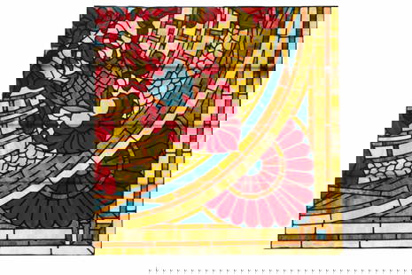 STAINED GLASS CEILING IN FOUR PARTS EACH 48" SQUARE: Art Nouveau style, quartered circle in red-orange, blue and tan with ruby ribboning, unframed, 48" x 48" each panel. Minor cracks to edge of one panel, no loss.