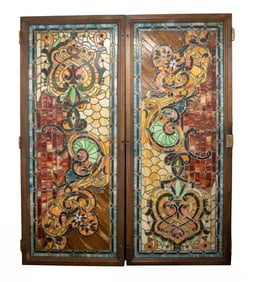 (2) 8 FOOT X 40" STAIN GLASS PANELS, OAK FRAMED