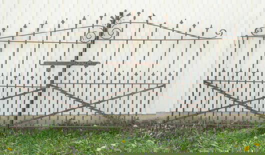 CAST AND FORGED IRON 2-PART ENTRANCE GATES: Circa 1900 arch top with spear finials and intermediate row of matching spears at waist, barrel hinges (lacking receivers or mounts). 5' high at tallest point, both gates are 4'11" wide