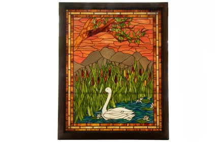 SWAN STAINED GLASS PANEL , WOODEN FRAME, 59" x 48"