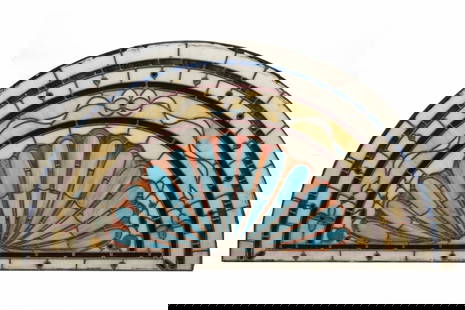 STAINED GLASS FAN LIGHT TRANSOM, UNFRAMED, 32" x 64": Beaux Arts Fanlight in white, pale blue and tan, 32" x 64", unframed.