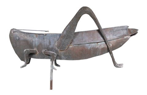 20TH C. GRASSHOPPER WEATHERVANE: Full Bodied Hammered Copper Weathervane, 31" log, ver de gris patina.