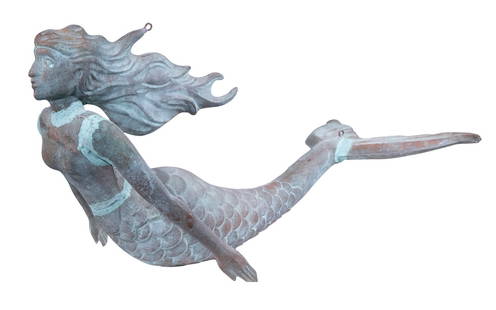 COPPER MERMAID WEATHERVANE: Molded Full Body Hollow Figure, depicting a swimming mermaid, ca. 1990, with green verdigris finish, hanging hooks affixed to tail and hair. Converted dimensions: 14 1/2 x 28 x 13 in. (36.8 x 71.1 x 3