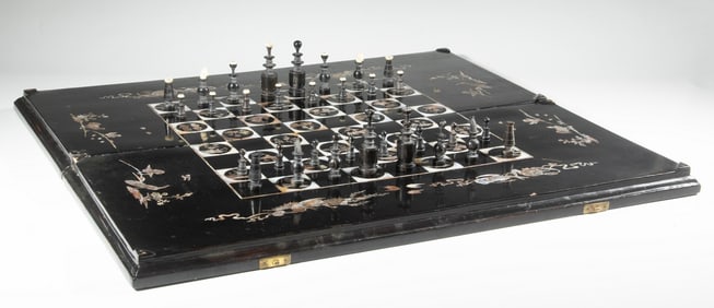MOTHER-OF-PEARL INLAID CHESS & BACKGAMMON GAME SET