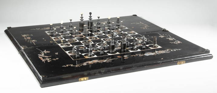 MOTHER-OF-PEARL INLAID CHESS & BACKGAMMON GAME SET: Vintage Chinese or Vietnamese Made Double-Sided Folding Game Board, the interior containing (32) chess pieces, (40) checkers, and (2) dice, the surface with mother-of-pearl inlaid landscape, figural