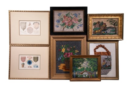 (6) FRAMED PCS 19TH C. BEADWORK & (2) PRINTS