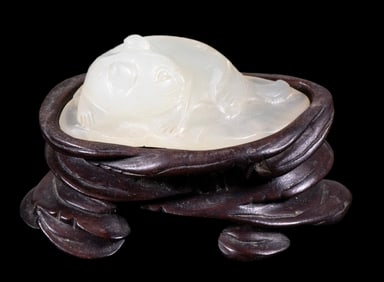CHINESE CARVED WHITE JADE CAT TOGGLE WITH STAND, QING DYNASTY
