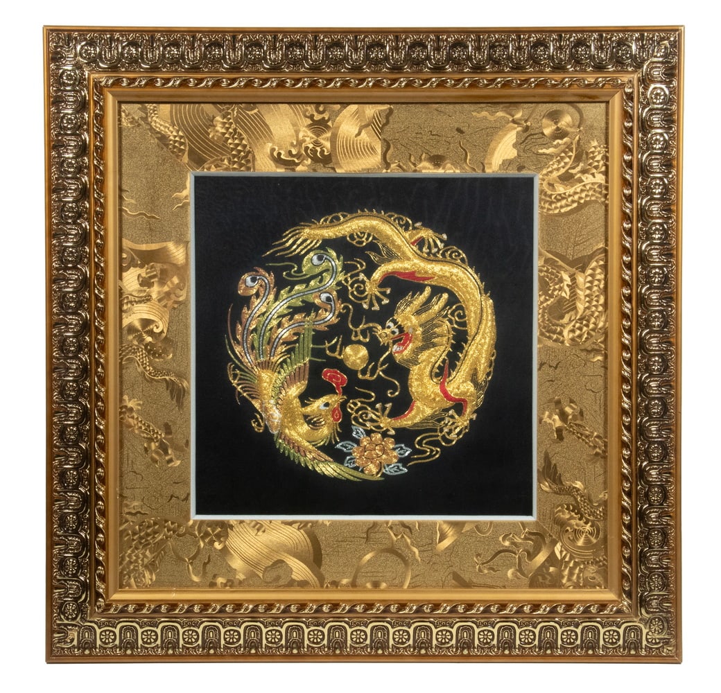 FRAMED CHINESE DRAGON & PHOENIX GOLDWORK EMBROIDERY (1 of 3)