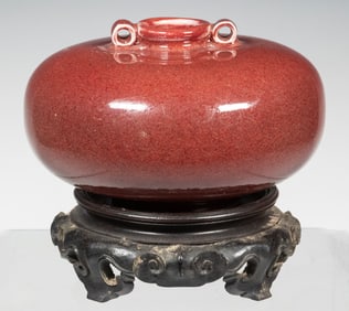 CHINESE OXBLOOD GLAZED BULBOUS JAR ON STAND