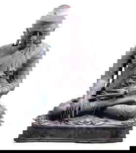 FANTASTIC 17TH-18TH C, MONUMENTAL BURMESE-THAI BRONZE BUDDHA: Lanna Kingdom, Northern Thailand, Chiang Saen style, in Bhumisparsha or earth-touching mudra, on simple integral plinth. Sand cast in one piece with the exception of his left hand, which was inserted