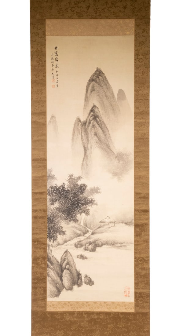 YAMADA KAIDO (JAPAN, ACTIVE 1900S-1930S): Mountain Landscape with waterfall and stream, open pergola having a thatched roof; ink on silk, inscribed, signed and with two artist's seal and censor's seal, on bronze colored brocade mount, retaini