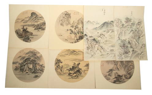 (7) CHINESE LANDSCAPE PAINTINGS, UNFRAMED: 20th c. mountain landscapes, all signed, loose in folio, five are color on silk, 9" round images on 12" square brocade mounts; PLUS two are color on paper, unmounted, 15" x 8 1/2". Converted dimension
