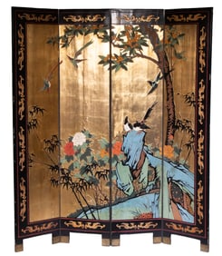 JAPANESE FOUR-PANEL BLACK LACQUER FOLDING SCREEN