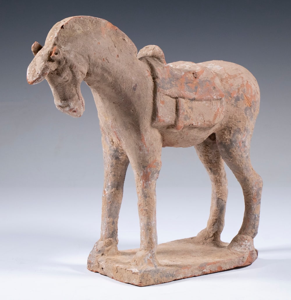 CHINESE TANG DYNASTY POTTERY WAR HORSE: Late Tang (AD 619-906) Terra Cotta Model of War Horse standing squarely on all four legs, with saddle, neck curved and head down, in remnants of sancai paint. Part of one ear and tail gone (long ago),