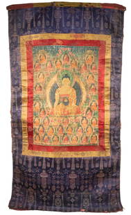 EARLY TIBETAN THANGKA: Buddha surrounded by forty Acolytes, gouache on cotton, with silk brocade mount and thin silk cover. Converted dimensions: Sight: 23 x 16 in. (58.4 x 40.6 cm.) Overall: 48 x 27 in. (121.9 x 68.6 cm.)