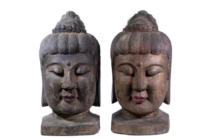 PAIR OF OVERSIZED THAI BUDDHA HEADS IN WOOD