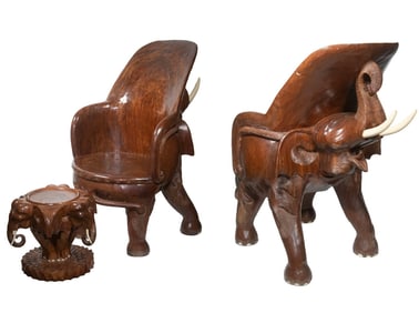 BURMESE TEAK CARVED ELEPHANT ARMCHAIR & FOOT STOOL FROM SINGLE TRUNK