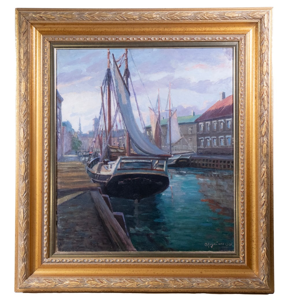 GUSTAVE ADOLPH MAGNUSSEN (CA/GERMANY, 1868-1944): Moored Sloop, Gloucester Harbor, oil on linen, signed lower right and dated 1923, in replica gilt gesso cove frame, relined. Converted dimensions: Sight: 19 x 16 1/2 in. (48.3 x 41.9 cm.) Frame: 26 x