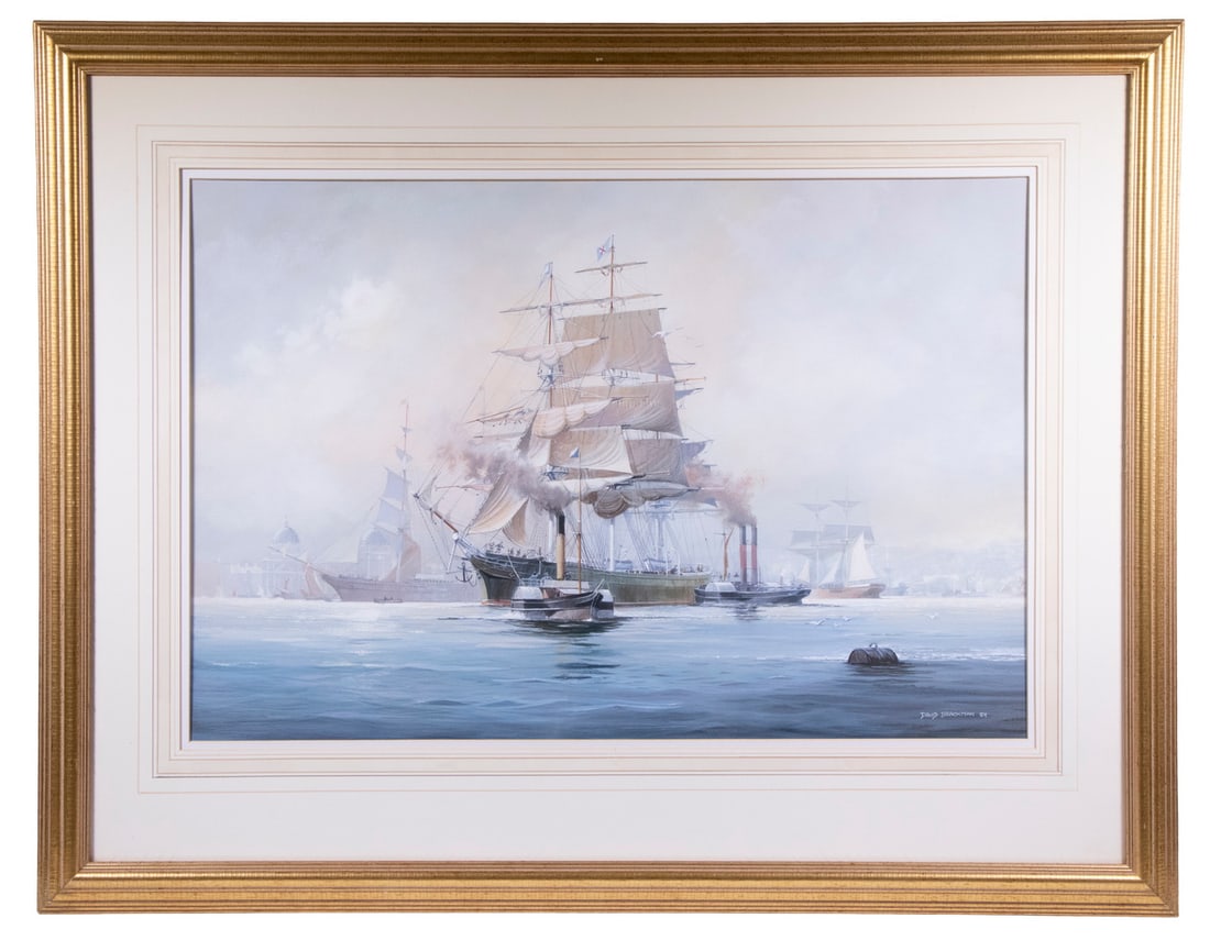 DAVID BRACKMAN (UK, 1932-2008): Sailing Ship Departing from Crowded Liverpool Harbor, gouache, signed lower right and dated '89, in gold molded frame, under French ruled mat and plexi. Landmark Customs House to left. Converted dimen