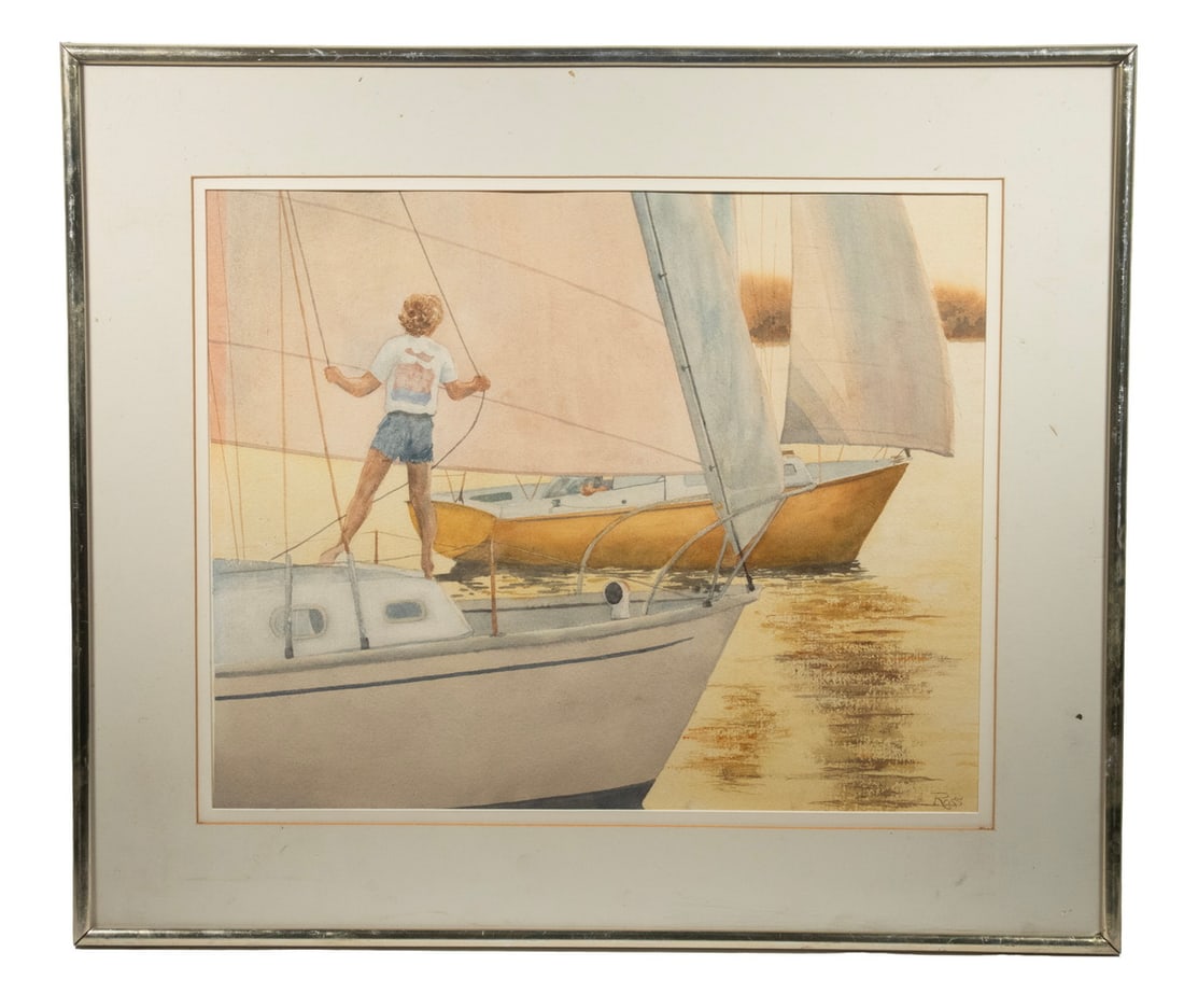 BOB (ROBERT NORMAN) ROSS (FL, 1942-1995): Sailing Florida, watercolor on paper, in gold metal casement frame, matted under glass. Converted dimensions: Sight: 17 x 21 in. (43.2 x 53.3 cm.) Frame: 24 1/2 x 28 1/2 in. (62.2 x 72.4 cm.)