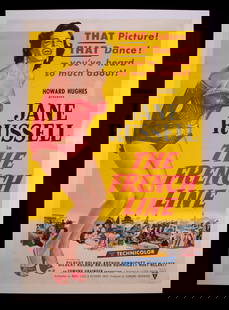 1953 MOVIE BROADSIDE "THE FRENCH LINE", JANE RUSSELL, UNFRAMED: Presented by Howard Hughes; "That Picture! That Dance!", with Gilbert Roland, for RKO Pictures, 40" x 27", linen backed. Converted dimensions: 40 x 27 in. (101.6 x 68.6 cm.)