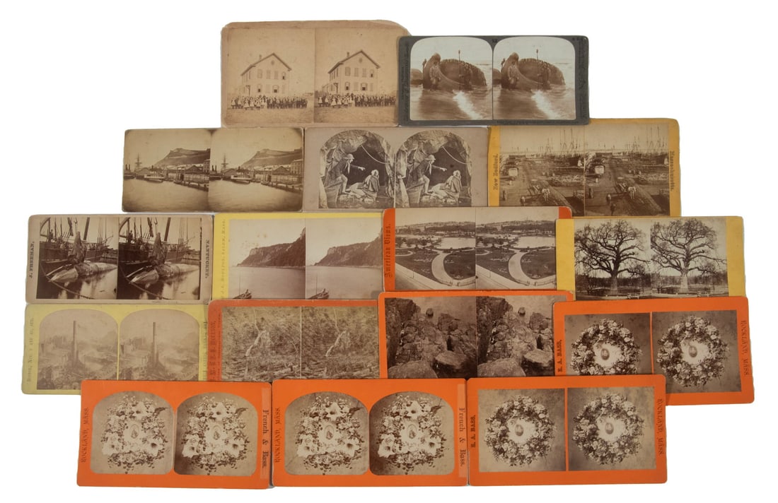 (16) REAL PHOTO STEREOVIEW CARDS, NEW ENGLAND: All circa 1870-1890, including: (4) Portrait memorial wreaths, French & Bass, Rockland, Mass; Lover's Grotto, Nantucket by Williams of South Scituate; Cascade near Seneca Lake by Moulton of Salem; Sum