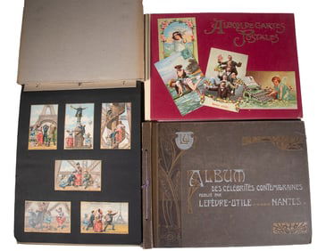 (2) FRENCH POSTCARD & TRADE CARD ALBUMS & FOLIO BOOK